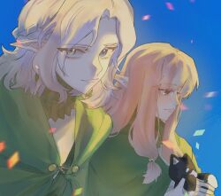  1boy 1girl baitang434 blonde_hair blue_background braid cloak dungeon_meshi elf gorget green_cloak grey_eyes grey_hair half_up_braid highres holding holding_stuffed_toy hood hooded_cloak long_hair looking_at_viewer low-tied_sidelocks medium_hair milsiril_(dungeon_meshi) mithrun mithrun_(young) orange_eyes pointy_ears sidelocks smile stuffed_animal stuffed_cat stuffed_toy tunic upper_body wavy_hair 