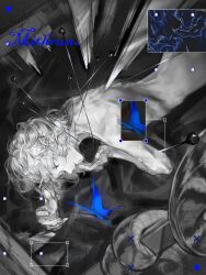  1boy absurdres bags_under_eyes bug butterfly character_name closed_eyes dungeon_meshi elf greyscale highres impaled insect_pin kinosena male_focus mithrun monochrome notched_ear pinned pointy_ears short_hair solo spot_color topless_male wavy_hair 