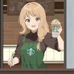  1girl apron black_eyes blonde_hair braided_sidelock brown_shirt caramel chocomiru collared_shirt cup drinking_straw frappuccino green_apron hair_over_shoulder holding holding_cup holding_pen long_hair original pen shirt solo starbucks uniform upper_body whipped_cream 