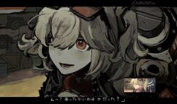  1girl black_jacket blonde_hair blush burnice_white commentary_request crate day derivative_work eyewear_on_head game_screenshot_inset hair_over_one_eye highres jacket leaning_forward letterboxed looking_at_viewer medium_hair mizunako open_mouth outdoors portrait red_eyes screenshot_redraw short_twintails smile solo subtitled sunglasses tank_(container) twintails twitter_username zenless_zone_zero 