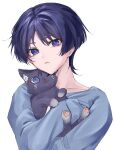 1boy absurdres blue_shirt carrying cat closed_mouth genshin_impact hair_between_eyes highres long_sleeves male_focus purple_hair scaramouche_(cat)_(genshin_impact) scaramouche_(genshin_impact) shirt short_hair solo violet_eyes 