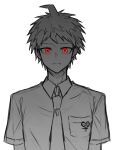  1boy absurdres ahoge amayadori_(amydr_orz) badge breast_pocket closed_mouth collared_shirt danganronpa_(series) danganronpa_2:_goodbye_despair expressionless highres hinata_hajime necktie pocket red_eyes shirt short_hair short_sleeves simple_background solo spot_color upper_body white_background 