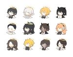  6+boys 6+girls absurdres angel angel_wings black_eyes black_hair black_jacket blonde_hair chibi collared_shirt dark-skinned_female dark-skinned_male dark_skin demon_horns demon_wings don_quixote_(limbus_company) faust_(limbus_company) glasses gregor_(limbus_company) halo hand_up heathcliff_(limbus_company) highres hong_lu_(limbus_company) horns ishmael_(limbus_company) jacket limbus_company long_sleeves low_ponytail meursault_(limbus_company) multiple_boys multiple_girls necktie outis_(limbus_company) project_moon red_eyes red_necktie relele rodion_(limbus_company) ryoshu_(limbus_company) shirt short_hair simple_background sinclair_(limbus_company) upper_body white_background white_shirt white_wings wings yellow_eyes yi_sang_(limbus_company) 