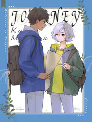  2boys abyssal404 backpack bag bags_under_eyes black_eyes black_hair blue_border blue_eyes border character_name contemp copyright_name cowboy_shot curly_hair dark-skinned_male dark_skin dungeon_meshi elf english_text grey_hair holding holding_map hood hooded_jacket hoodie jacket kabru lazy_eye looking_at_another male_focus map map_(object) mithrun multiple_boys notched_ear pants pointy_ears shirt short_hair smile uneven_eyes 