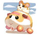  :3 animal_focus black_eyes blue_sky brown_eyes clouds commentary_request crossover full_body guinea_pig hamster hamtaro hamtaro_(series) molcar motor_vehicle no_humans open_mouth outdoors potato_(pui_pui_molcar) pui_pui_molcar riding riding_animal sky smile tokumaro 