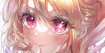  1girl blonde_hair blush head_only highres hoshino_ruby long_hair looking_to_the_side oshi_no_ko parted_lips pinapo_25 pink_eyes red_nails simple_background smile solo star-shaped_pupils star_(symbol) sunlight symbol-shaped_pupils 