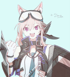  :d absurdres animal_ears arknights blue_background blue_neckerchief cardigan_(arknights) commentary dated dot_nose gloves goggles goggles_on_head grey_hair hair_between_eyes high_collar highres looking_at_viewer medium_hair neckerchief open_mouth pink_eyes pppmepl shield simple_background smile strap upper_body white_gloves 
