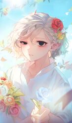  1boy absurdres bags_under_eyes black_eyes blue_sky bouquet braid clouds day dungeon_meshi elf flower grey_hair hair_flower hair_ornament highres holding holding_bouquet holding_flower lazy_eye lella_nyam looking_at_viewer male_focus mithrun notched_ear outdoors parted_lips pointy_ears short_hair sky solo uneven_eyes upper_body wavy_hair 