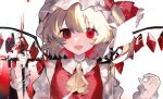  1girl ascot blonde_hair collared_shirt commentary crystal flandre_scarlet hair_between_eyes hat long_hair looking_at_viewer mob_cap nemachi one_side_up open_mouth red_eyes red_vest shirt short_sleeves solo touhou upper_body vest white_headwear white_shirt wings yellow_ascot 