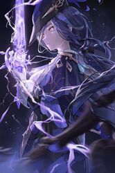  1girl blue_cape blue_hair blue_headwear breasts cape clorinde_(genshin_impact) electricity electrokinesis epaulettes genshin_impact gloves hat hat_feather highres long_hair sakiyo solo tricorne violet_eyes white_gloves 