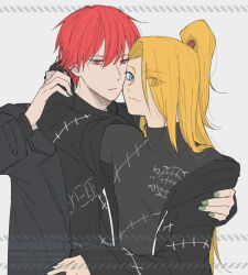  2boys arm_around_shoulder black_jacket black_nails blonde_hair blue_eyes closed_mouth deidara_(naruto) expressionless green_nails hair_over_one_eye happy hayamin35 high_ponytail highres implied_yaoi jacket long_hair looking_at_viewer male_focus multiple_boys naruto_(series) naruto_shippuuden official_alternate_costume open_clothes open_jacket parted_lips ponytail red_eyes red_hair sasori_(naruto) short_hair smile watermark 