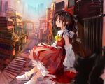  1girl ascot bow brown_eyes brown_hair building chamaruk closed_mouth detached_sleeves from_side hair_bow hakurei_reimu highres japanese_clothes long_hair nontraditional_miko outdoors red_bow red_skirt skirt socks solo stairs touhou white_sleeves white_socks wide_sleeves yellow_ascot 