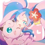  1girl ;d blue_eyes blue_hair blush choker colored_eyelashes commentary curly_hair earrings fairy_miku_(project_voltage) flower hair_flower hair_ornament hatsune_miku highres holding holding_pokemon hug jewelry jigglypuff long_hair long_sleeves looking_at_another mei_mei_chao_mian_mian multicolored_hair one_eye_closed open_mouth pink_choker pink_hair pink_sweater pokemon pokemon_(creature) project_voltage red_flower sidelocks smile sweater symbol-only_commentary twintails two-tone_hair upper_body very_long_hair vocaloid yellow_flower 
