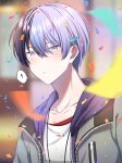  ! 1boy absurdres aoyagi_touya blue_eyes blue_hair blurry blurry_background closed_mouth commentary_request confetti dark_blue_hair hair_between_eyes highres jacket jewelry looking_at_viewer male_focus mole mole_under_eye multicolored_hair necklace nozu63 open_clothes open_jacket project_sekai short_hair solo split-color_hair spoken_exclamation_mark two-tone_hair upper_body zipper zipper_pull_tab 