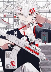  1boy absurdres aqua_eyes black_nails black_sleeves clenched_teeth ear_piercing earrings gun hair_between_eyes hair_ornament hairclip highres holding holding_gun holding_mask holding_weapon jewelry looking_at_viewer male_focus mask original piercing sakusya2honda shirt solo teeth upper_body weapon white_hair white_shirt white_sneakers 