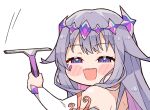  1girl blush_stickers face_jewel gem hair_flaps half-closed_eyes hand_jewel highres holding hololive hololive_english koseki_bijou kukie-nyan long_hair looking_at_viewer open_mouth purple_hair sidelocks simple_background single_arm_guard solo squeegee teeth tiara upper_teeth_only violet_eyes white_background 