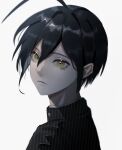  1boy absurdres ahoge black_hair brown_eyes closed_mouth danganronpa_(series) danganronpa_v3:_killing_harmony from_side hair_between_eyes highres jacket looking_at_viewer looking_to_the_side portrait saihara_shuichi shiny_skin short_hair simple_background solo striped striped_jacket tabun_wan_paku_shonen white_background 