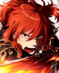  1boy blood blood_on_face claymore_(sword) diluc_(genshin_impact) fire genshin_impact hair_between_eyes highres looking_at_another male_focus open_mouth red_eyes redhead teeth yuka_(pixiv38407039) 