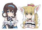  2girls alternate_hairstyle animal_ear_fluff animal_ears arknights bare_shoulders black_collar blonde_hair blue_eyes blue_hairband blush braid braided_hair_rings brown_hair closed_mouth collar collarbone colored_tips commentary_request cosplay costume_switch dress fox_ears fox_girl fox_tail frilled_sleeves frills green_eyes hair_rings hairband hairstyle_switch highres idolmaster idolmaster_million_live! kitsune kyuubi long_hair looking_at_viewer multicolored_hair multiple_girls multiple_tails oripathy_lesion_(arknights) partial_commentary satake_minako semi_colon short_hair short_sleeves simple_background single_wrist_cuff steepled_fingers suzuran_(arknights) tail twin_braids upper_body white_background white_hair wrist_cuffs 