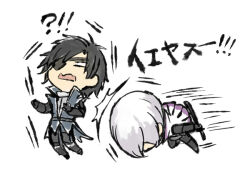  !? 2boys black_hair blank_eyes chibi chibi_only date_masamune_(sengoku_basara) eyepatch headbutt holding holding_sword holding_weapon ishida_mitsunari_(sengoku_basara) jinbaori male_focus multiple_boys sengoku_basara simple_background sword toruglose weapon white_background white_hair 