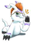  1other digimon digimon_(creature) full_body glasses goatsheep_0811 gomamon green_eyes highres no_humans one_eye_closed orange_hair simple_background solo white_background 