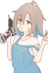  1girl 1ssakawaguchi :3 bandaid bandaid_on_cheek bandaid_on_face bandaid_on_nose blue_hair blue_overalls brown_hair collarbone colored_inner_hair commentary do_it_yourself!! fang hand_drill hand_up holding holding_nail looking_at_viewer multicolored_hair nail open_mouth overalls red_eyes shirt short_hair short_sleeves simple_background skin_fang solo two-tone_hair upper_body white_background white_shirt yua_serufu 