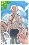  1boy arms_at_sides belt blue_sky boku_no_hero_academia brown_belt buttons closed_eyes clouds collared_shirt facing_viewer happy holding holding_removed_eyewear loud_cloud male_focus necktie open_mouth out_of_frame outdoors pov red_necktie shirt short_hair short_sleeves sky solo ton_(ton19130318) tree unworn_eyewear white_hair 