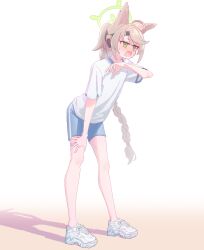  1girl absurdres ahoge animal_ears blue_archive blue_shorts blush braid brown_hair fox_ears fox_girl gradient_background green_eyes green_halo gym_uniform halo headset highres miroir1120 otogi_(blue_archive) school_uniform shorts sweat white_sneakers 