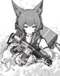  1girl animal_ears blue_archive countryman_(artist) fox_ears gloves greyscale gun highres holding holding_gun holding_weapon long_hair long_sleeves monochrome simple_background sketch solo upper_body weapon white_background yukino_(blue_archive) 