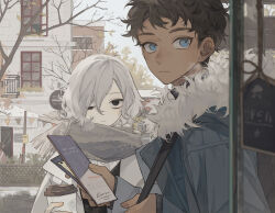  2boys bags_under_eyes bare_tree black_eyes black_hair blue_eyes building contemporary cup curly_hair dark-skinned_male dark_skin dungeon_meshi elf fur-trimmed_jacket fur_trim grey_hair highres holding holding_cup holding_paper jacket kabru kurii lazy_eye looking_at_viewer male_focus mithrun multiple_boys notched_ear paper pointy_ears scarf short_hair tree uneven_eyes winter winter_clothes 