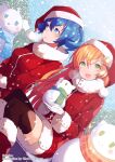  2girls amiami_(company) amico black_thighhighs blue_eyes blue_hair blush boots breasts breath christmas coat fur_trim gloves gradient_hair green_eyes hair_between_eyes hair_ornament hat highres holding holding_snowman lilco long_sleeves looking_at_viewer multicolored_hair multiple_girls official_art open_mouth orange_hair outdoors parted_lips red_coat red_footwear santa_hat short_twintails sitting snow snowing snowman thigh-highs twintails white_gloves yumekui 