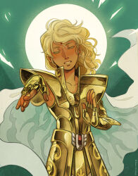  1boy ameliecausse armor bindi blonde_hair cape closed_eyes colored_eyelashes cowboy_shot facial_mark facing_viewer forehead_mark gold_armor gold_cloth gold_saint halo halo_behind_head hands_up highres long_hair male_focus outstretched_hand parted_lips reaching reaching_towards_viewer saint_seiya solo u_u virgo_shaka white_cape 