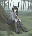  1girl absurdres animal_ears arbor_spirit artist_name belt black_hair blue_eyes breasts bush double-barreled_shotgun expressionless forest fox_ears gloves gun highres holding holding_gun holding_weapon knee_pads large_breasts long_sleeves looking_at_viewer nature original shoes shotgun sitting tactical_clothes toz-34 tree weapon 