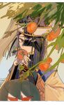  black_hair black_headwear branch dangle_earrings earrings fate/grand_order fate_(series) food fruit hair_over_eyes hat highres jewelry kongnan_147 looking_at_viewer medium_hair mole mole_under_eye orange_(fruit) orange_eyes wide_sleeves xu_fu_(fate) yu_mei-ren_(fate) 