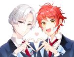  2boys azuma_kurumi blazer blue_eyes blue_jacket closed_mouth collared_shirt commentary_request curtained_hair dream!ing gauze gauze_on_face hakka_shigure heart heart_hands heart_hands_duo jacket lapels long_sleeves loose_necktie male_focus multicolored_clothes multicolored_jacket multiple_boys necktie notched_lapels open_collar open_mouth parted_hair portrait red_necktie redhead shibasaki_shin&#039;ya shirt short_hair simple_background smile striped striped_jacket teeth white_background white_hair yellow_eyes 