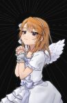  1girl angel_wings blush commentary_request dress grey_eyes hairband highres idolmaster idolmaster_cinderella_girls interlocked_fingers light_smile long_hair looking_at_viewer mishishi orange_hair own_hands_clasped own_hands_together short_sleeves solo upper_body white_dress white_hairband white_wings wings wrist_cuffs yuuki_haru 