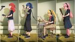  4girls absurdres ahoge bass_guitar black_footwear black_shirt black_skirt blonde_hair blue_eyes blue_hair bocchi_the_rock! brown_pants commentary drum drum_set electric_guitar english_commentary gotoh_hitori green_eyes guitar headphones highres ijichi_nijika instrument jl_tan kita_ikuyo long_hair microphone mole mole_under_eye multiple_girls music pants pants_under_skirt pink_hair pink_pants playing_instrument redhead shirt short_hair side_ponytail sitting skirt standing t-shirt textless_version white_skirt yamada_ryo yellow_eyes 