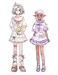  2boys absurdres androgynous bags_under_eyes black_eyes bow crossdressing dark-skinned_male dark_elf dark_skin dress dungeon_meshi elf feishu55012 frilled_dress frills full_body grey_hair hair_bow hat highres holding holding_stuffed_toy looking_at_viewer loose_socks male_focus mithrun multiple_boys notched_ear one_eye_closed pointy_ears shoes short_bangs short_hair sidelocks simple_background socks standing stuffed_animal stuffed_rabbit stuffed_toy thistle_(dungeon_meshi) trap violet_eyes wavy_hair white_background white_hair 