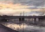  bridge clouds cloudy_sky highres horizon no_humans original painting_(medium) power_lines reflection reflective_water sky sunlight tlctm7h8wdwnthx traditional_media utility_pole water watercolor_(medium) 