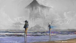  1boy 1girl beach black_hair black_jacket blue_dress clouds commentary_request creature down_jacket dress english_text floating_building grey_sky hair_flowing_over highres island jacket kohata_(kohatazuke) long_hair long_sleeves mixed-language_text novel_illustration official_art open_mouth original pants sand scenery science_fiction sky translation_request waves waving_arms white_hair yellow_pants 
