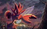  bare_tree blurry blurry_foreground brown_eyes chausagi clouds dusk grass no_humans no_mouth outdoors pincers pokemon pokemon_(creature) scizor solo star_(sky) tree wings 