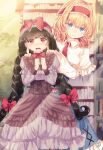  2girls alice_margatroid black_hair blonde_hair blue_dress blue_eyes blush bookshelf bow bowtie braid breasts brown_corset brown_dress capelet corset cowboy_shot dress frilled_capelet frilled_dress frilled_hairband frills grey_dress hair_bow hairband hands_on_another&#039;s_shoulders hands_up highres kemo_chiharu long_earlobes long_hair looking_at_viewer medium_breasts multiple_girls open_mouth red_bow red_bowtie red_eyes red_hairband short_hair signature smile touhou twin_braids two-tone_dress white_capelet yatadera_narumi 