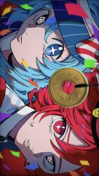  2girls aqua_eyes blue_hair blue_hat bow collared_shirt confetti diagonal-striped_bow drill_hair film_grain hair_between_eyes hat hatsune_miku highres kasane_teto looking_at_object mesmerizer_(vocaloid) mismatched_pupils multiple_girls nose parted_lips pendulum pinstripe_hat portrait red_background red_bow red_eyes red_hair red_hat shirt side_drill sideways smiley_hat_ornament star-shaped_pupils star_(symbol) striped_clothes striped_shirt sweatdrop symbol-shaped_pupils tareme tatutatuta45 tsurime two-tone_bow utau visor_cap vocaloid white_bow wing_collar 