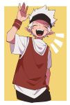  1boy absurdres blush border hand_up highres laughing luo_xiaohei_zhanji male_focus nploser open_mouth pointy_ears red_shirt shirt short_sleeves smile solo white_border white_hair white_shirt wristband yi_feng_(the_legend_of_luoxiaohei) 