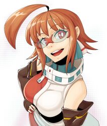 ahoge bare_shoulders earrings glasses hand_on_hip open_mouth orange_hair phantasy_star phantasy_star_online red_dress red_eyes red_ring_rico smile
