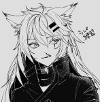  1girl animal_ear_fluff animal_ears arknights blood grey_background greyscale hair_between_eyes hair_ornament hairclip inu_to_milk jacket lappland_(arknights) long_hair looking_to_the_side monochrome nosebleed parted_lips simple_background solo upper_body 