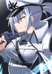  black_background blue_eyes breasts grey_hair highres holding holding_sword holding_weapon jacket jiseki_rena large_breasts looking_to_the_side military_uniform ponytail rwby shirt sword uniform weapon weiss_schnee white_jacket white_shirt 