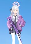  ak-12 ak-12_(girls&#039;_frontline) alternate_universe assault_rifle blue_archive braid french_braid girls_frontline gloves grey_hair gun halo jacket kalashnikov_rifle necktie open_clothes open_jacket rifle samsam_s2s skirt tagme weapon 