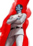  1boy alien artist_name belt black_hair brown_belt chiss crossed_arms grand_admiral_thrawn highres jacket military_uniform pants red_eyes short_hair solo star_wars uniform uzuri_art watermark white_jacket white_pants 