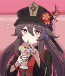  1girl alternate_costume brown_hair cup drinking_straw flower flower-shaped_pupils food fruit genshin_impact hair_between_eyes hat hat_flower highres holding holding_cup hu_tao_(genshin_impact) lemon long_hair long_sleeves nanachimaru open_mouth red_eyes solo symbol-shaped_pupils twintails 
